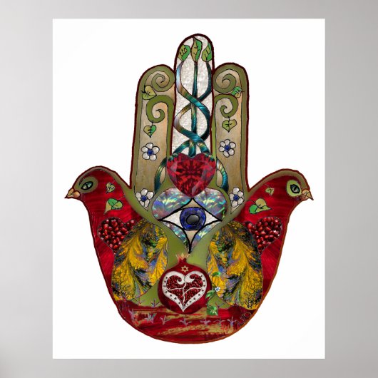 Ruby Pomegranate Heart Red Bird Hamsa Poster (Voorkant)