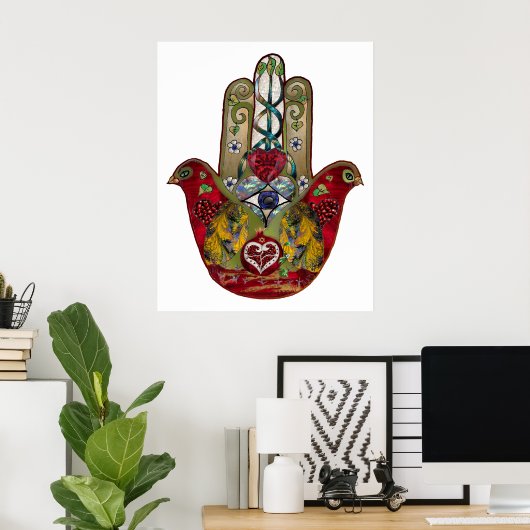 Ruby Pomegranate Heart Red Bird Hamsa Poster (Thuiskantoor)
