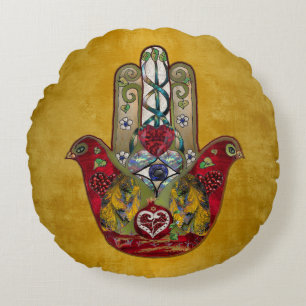 Ruby Pomegranate Heart Red Bird Hamsa Rond Kussen