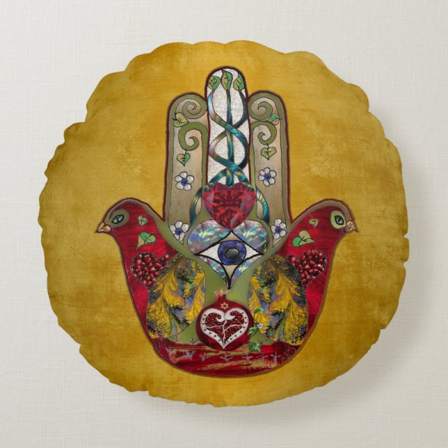 Ruby Pomegranate Heart Red Bird Hamsa Rond Kussen (Voorkant)