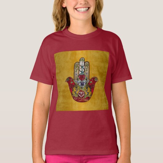 Ruby Pomegranate Heart Red Bird Hamsa T-shirt (Voorkant)