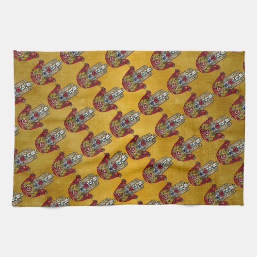 Ruby Pomegranate Heart Red Bird Hamsa Theedoek (Horizontaal)