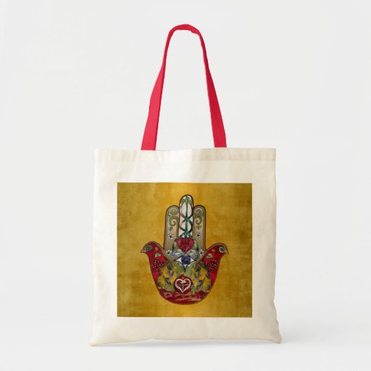 Ruby Pomegranate Heart Red Bird Hamsa Tote Bag (Voorkant)