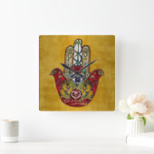 Ruby Pomegranate Heart Red Bird Hamsa Vierkante Klok (Huis)