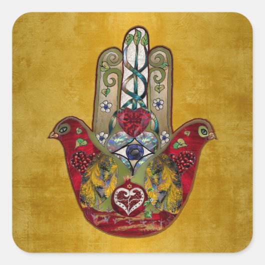 Ruby Pomegranate Heart Red Bird Hamsa Vierkante Sticker (Voorkant)
