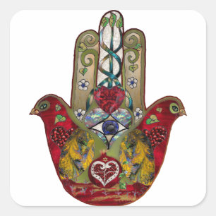 Ruby Pomegranate Heart Red Bird Hamsa Vierkante Sticker