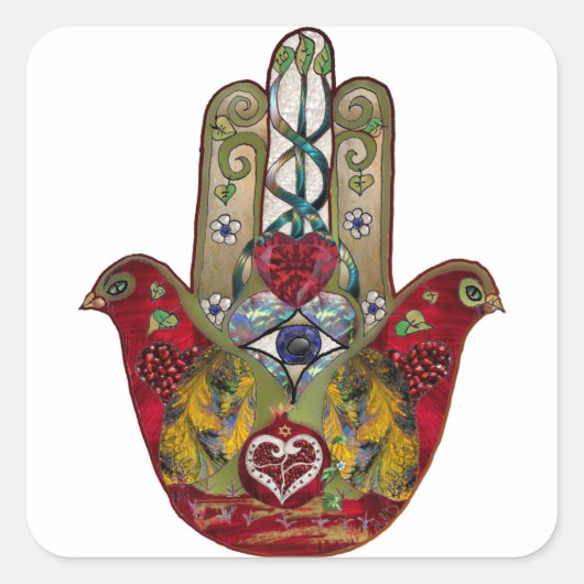 Ruby Pomegranate Heart Red Bird Hamsa Vierkante Sticker (Voorkant)