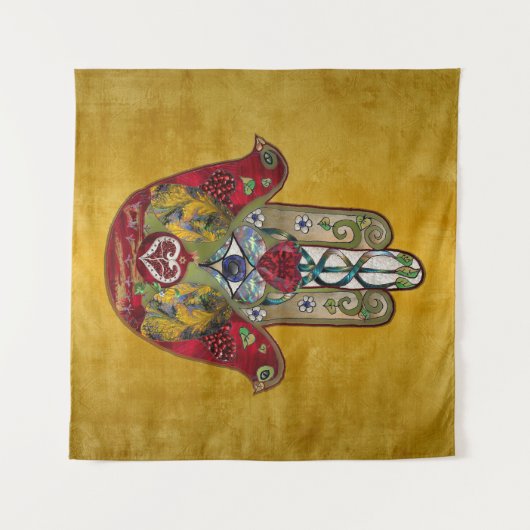 Ruby Pomegranate Heart Red Bird Hamsa Wandkleed (Voorkant (horizontaal))
