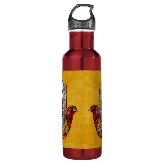 Ruby Pomegranate Heart Red Bird Hamsa Waterfles (Voorkant)