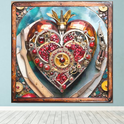 Ruby Pomegranate Heart Steampunk Series Canvas Afdruk (Insitu (Houten vloer))