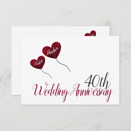 Ruby Red 40th trouwdag heteluchtballon Informatiekaartje (Voorkant / Achterkant)