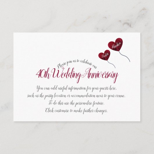 Ruby Red 40th trouwdag heteluchtballon Informatiekaartje (Achterkant)