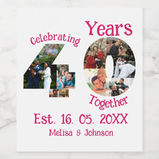 Ruby Red 40th Wedding Jubileum 11 Foto Collage Wijn Etiket (Enkel label)