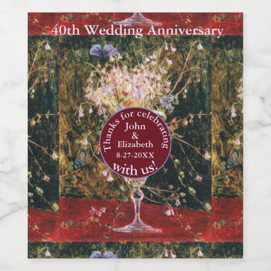 Ruby Red 40th Wedding Jubileum Wijn Etiket (Enkel label)