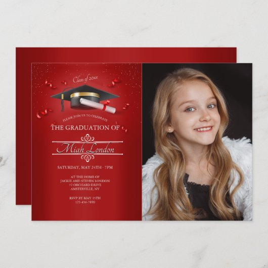 Ruby Red Afstuderen Fotouitnodiging Kaart (Voorkant / Achterkant)