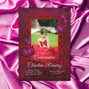 Ruby Red, Antiek Butterfly Quinceanera Invitation Kaart