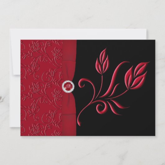 Ruby Red, Black Floral Wedding Invitation Kaart (Voorkant)