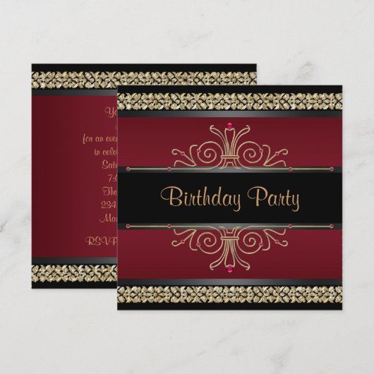 Ruby Red Black Gold Womans Birthday Party Kaart (Voorkant / Achterkant)