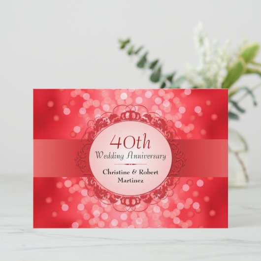 Ruby Red Bokeh 40th Anniversary Party Kaart (Staand voorkant)