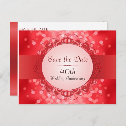 Ruby Red Bokeh Bewaar de datum 40e Jubileum Aankondigingskaart (Voorkant / Achterkant)