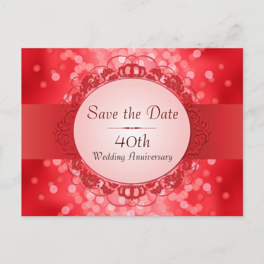 Ruby Red Bokeh Bewaar de datum 40e Jubileum Aankondigingskaart (Voorkant)