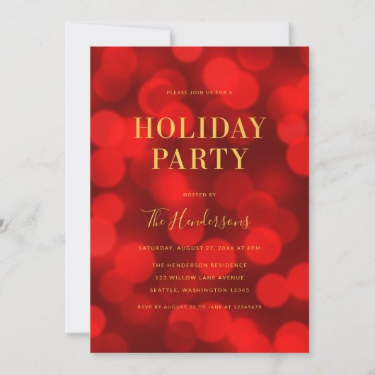 Ruby Red Bokeh Lights Faux Gold Holiday Party Kaart (Voorkant)