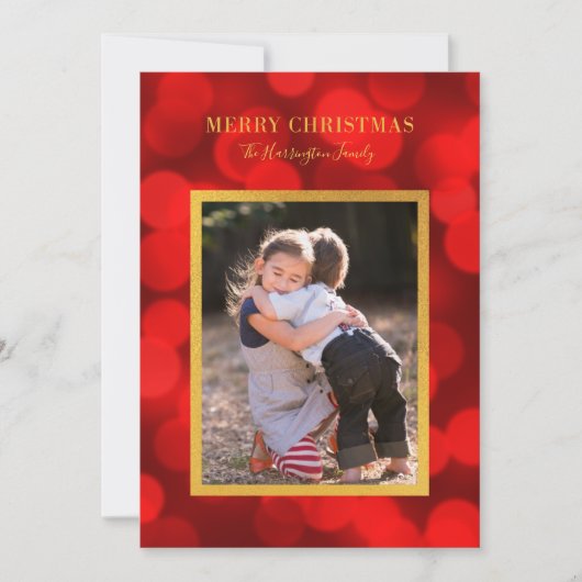 Ruby Red Bokeh Lights Faux Gold Merry kerst Feestdagenkaart (Voorkant)