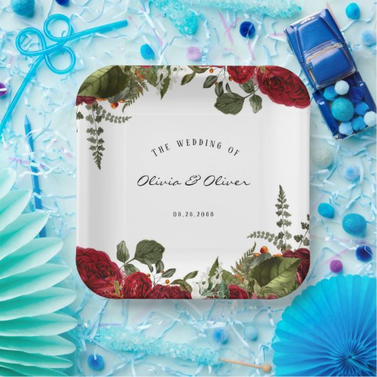 Ruby Red Botanical Peonies Wedding Papieren Bordje (Feest)