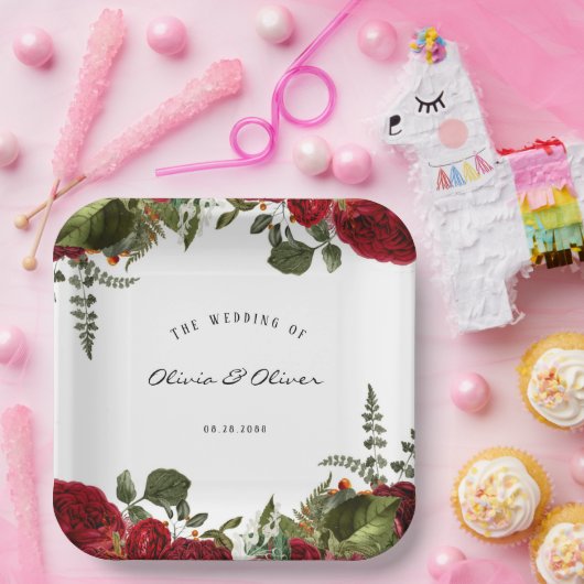 Ruby Red Botanical Peonies Wedding Papieren Bordje (Feest)