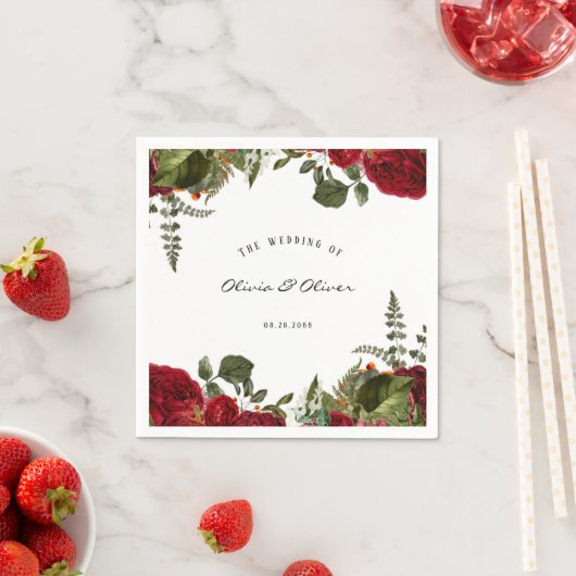 Ruby Red Botanical Peonies Wedding Servet (Insitu)