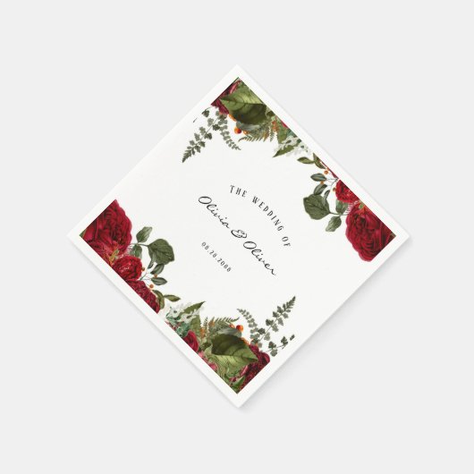 Ruby Red Botanical Peonies Wedding Servet (Hoek)
