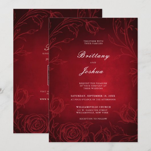 Ruby Red Botanische Rozen Tuin Bruiloft Kaart (Voorkant / Achterkant)