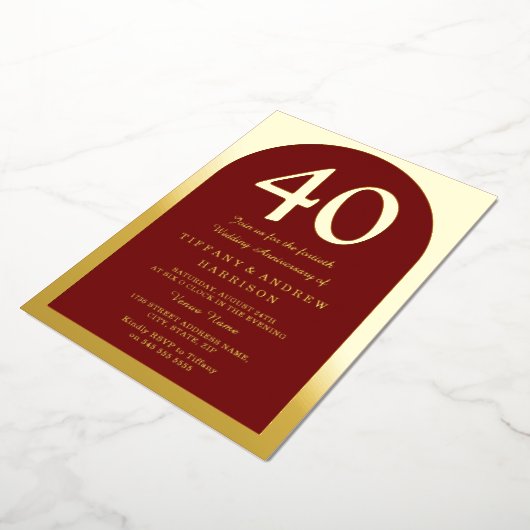 Ruby Red Bourgogne 40ste huwelijksverjaardag Goud Folie Uitnodiging (Gedraaid)