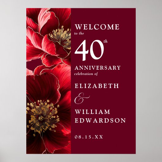 Ruby Red Chic Bloemen 40e Verjaardag Welkomstbord Poster (Voorkant)