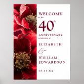 Ruby Red Chic Bloemen 40e Verjaardag Welkomstbord Poster (Voorkant)