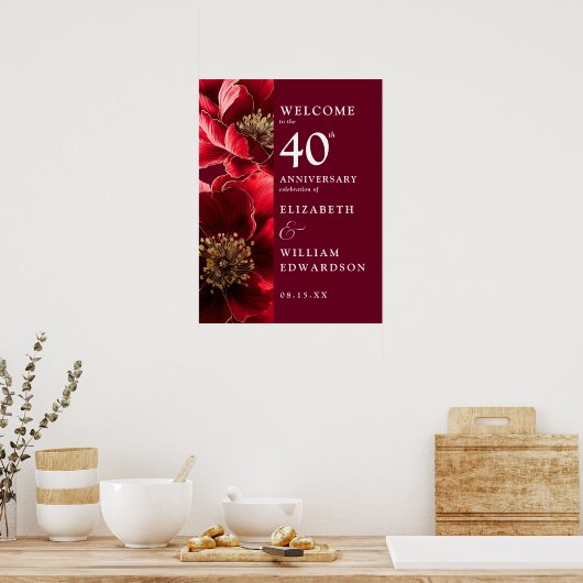 Ruby Red Chic Floral 40e Jubileum Welkom Teken Poster (Keuken)