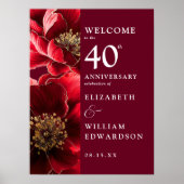 Ruby Red Chic Floral 40e Jubileum Welkom Teken Poster (Voorkant)