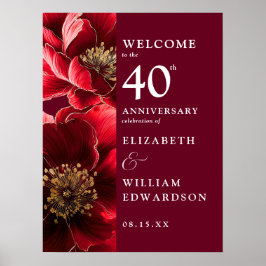 Ruby Red Chic Floral 40e Jubileum Welkom Teken Poster
