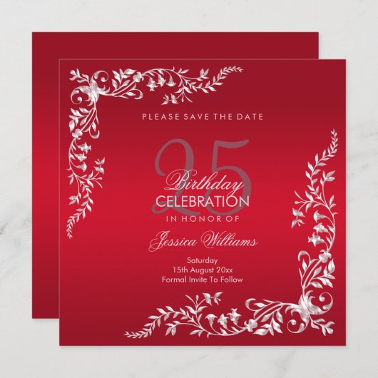 Ruby Red Decoration 25th Birthday Save The Date (Voorkant / Achterkant)