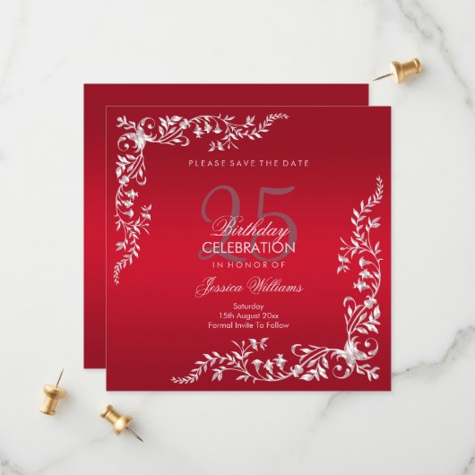 Ruby Red Decoration 25th Birthday Save The Date (Voorkant / Achterkant in situ)