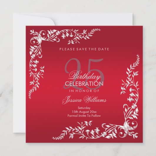 Ruby Red Decoration 25th Birthday Save The Date (Voorkant)