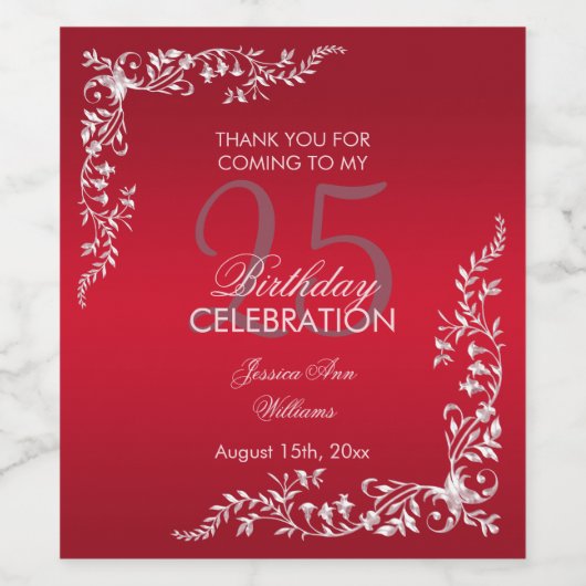 Ruby Red Decoration 25th Birthday Wijn Etiket (Enkel label)