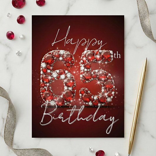 Ruby Red & Diamond Glitter 65th Birthday Briefkaart