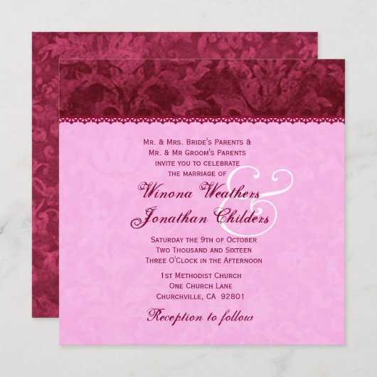Ruby Red en Pink Damask Wedding Sjabloon V16 Kaart (Voorkant / Achterkant)