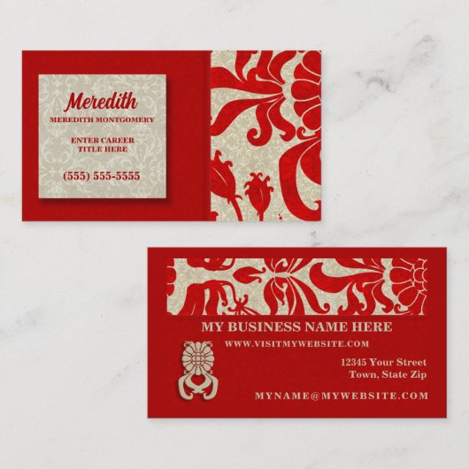 Ruby Red en Taupe Damask Visitekaartje (Voorkant / Achterkant)