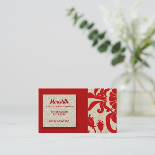 Ruby Red en Taupe Damask Visitekaartje (Staand voorkant)