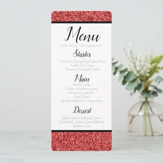Ruby Red Faux Glitter Menu Kaart (Staand voorkant)