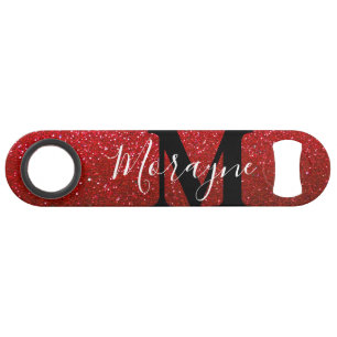 Ruby Red Faux Glitter Zwart Wit Monogram Naam Speed Flessenopener