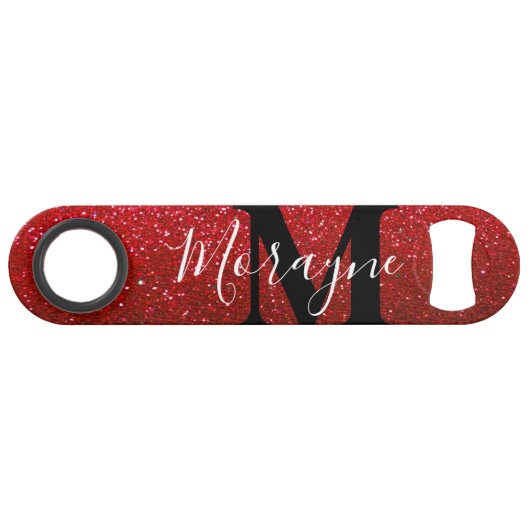 Ruby Red Faux Glitter Zwart Wit Monogram Naam Speed Flessenopener (Achterkant Horizontaal)