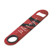 Ruby Red Faux Glitter Zwart Wit Monogram Naam Speed Flessenopener (Achterkant Gekanteld)